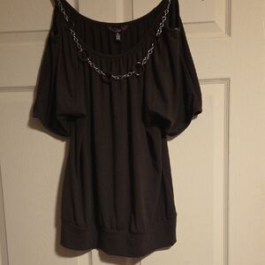 Brown Off-Shoulder Top with Chain Detail